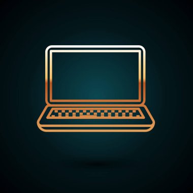 Altın çizgili dizüstü bilgisayar simgesi koyu mavi arkaplanda izole edildi. Boş ekran işaretli bilgisayar defteri. Vektör İllüstrasyonu