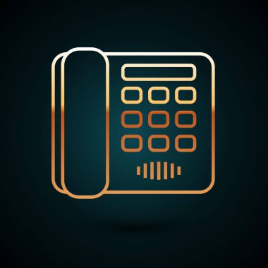 Altın çizgili telefon ikonu koyu mavi arkaplanda izole edilmiş. Sabit telefon. Vektör İllüstrasyonu
