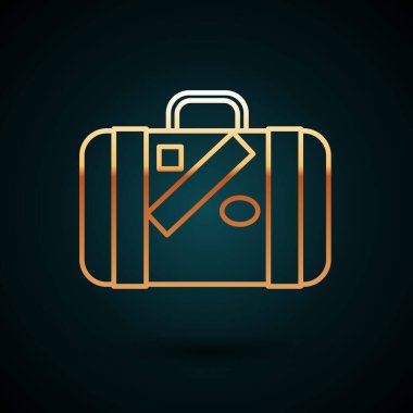 Seyahat için altın çizgili bavul ve koyu mavi arka planda izole edilmiş çıkartma simgesi. Seyahat bagaj tabelası. Seyahat bagaj ikonu. Vektör İllüstrasyonu