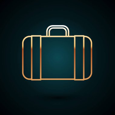 Seyahat simgesi için altın renkli bavul koyu mavi arka planda izole edilmiş. Seyahat bagaj tabelası. Seyahat bagaj ikonu. Vektör İllüstrasyonu
