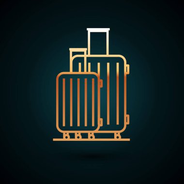 Seyahat simgesi için altın renkli bavul koyu mavi arka planda izole edilmiş. Seyahat bagaj tabelası. Seyahat bagaj ikonu. Vektör İllüstrasyonu