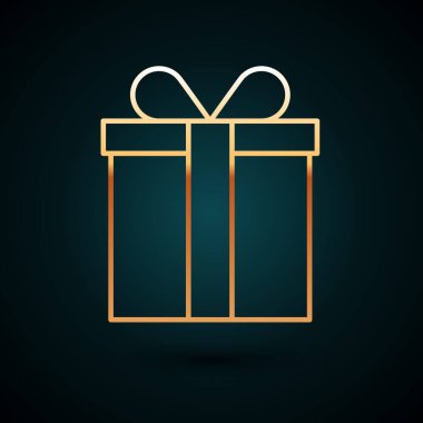 Altın çizgili hediye kutusu simgesi koyu mavi arkaplanda izole edilmiş. Vektör İllüstrasyonu