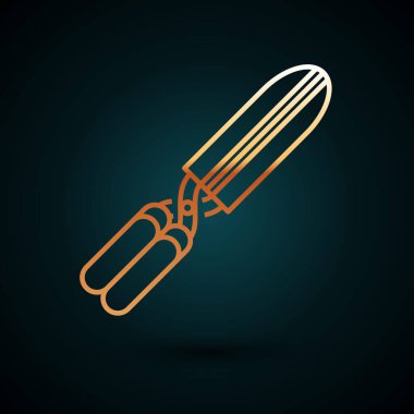 Koyu mavi arkaplanda izole edilmiş ikonu budamak için altın çizgili el yapımı makas. Ahşap saplı budama makası. Vektör İllüstrasyonu