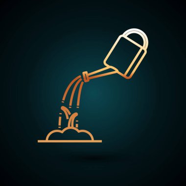 Koyu mavi arka planda izole edilmiş su ikonu olan altın çizgili su kutusu. Filizi suluyorum. Sulama sembolü. Vektör İllüstrasyonu