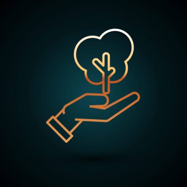 Çevre koruma ikonunun elindeki altın çizgi ağacı koyu mavi arka planda izole edilmiş. Tohum ve tohum. Fidan dikiyorum. Ekoloji konsepti. Vektör İllüstrasyonu