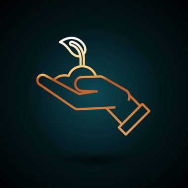 Çevre koruma ikonunun elindeki altın renkli filizlenme koyu mavi arka planda izole edilmiş. Tohum ve tohum. Fidan dikiyorum. Ekoloji konsepti. Vektör İllüstrasyonu