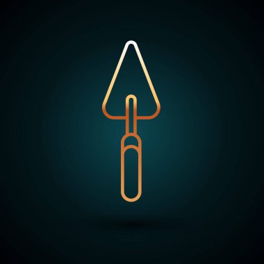 Altın çizgili bahçe küreği ya da kürek ikonu koyu mavi arka planda izole edilmiş. Bahçe aletleri. Bahçecilik, tarım, çiftçilik aleti. Vektör İllüstrasyonu