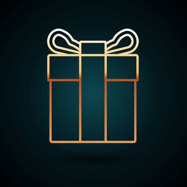 Altın çizgili hediye kutusu simgesi koyu mavi arkaplanda izole edilmiş. Vektör İllüstrasyonu