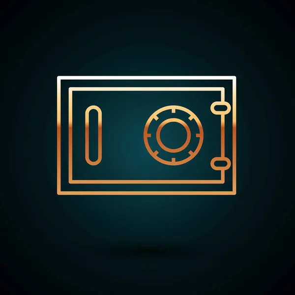 Línea dorada Icono de caja fuerte aislado sobre fondo azul oscuro. La puerta caja fuerte una bóveda del banco con una cerradura combinada. Protección de datos fiable. Ilustración vectorial — Vector de stock