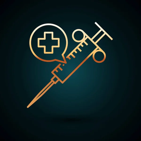 Złota linia Strzykawka medyczna z ikoną igły na ciemnoniebieskim tle. Szczepienie, wstrzyknięcie, szczepionka, koncepcja insuliny. Ilustracja wektora — Wektor stockowy