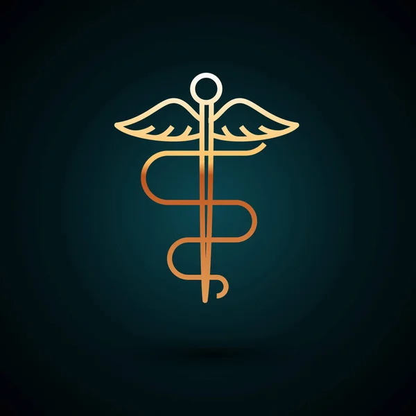 Altın çizgili Caduceus yılan tıbbi sembolü koyu mavi arka planda izole edilmiş. İlaç ve sağlık hizmetleri. Eczane, ilaç, eczane amblemi. Vektör İllüstrasyonu — Stok Vektör
