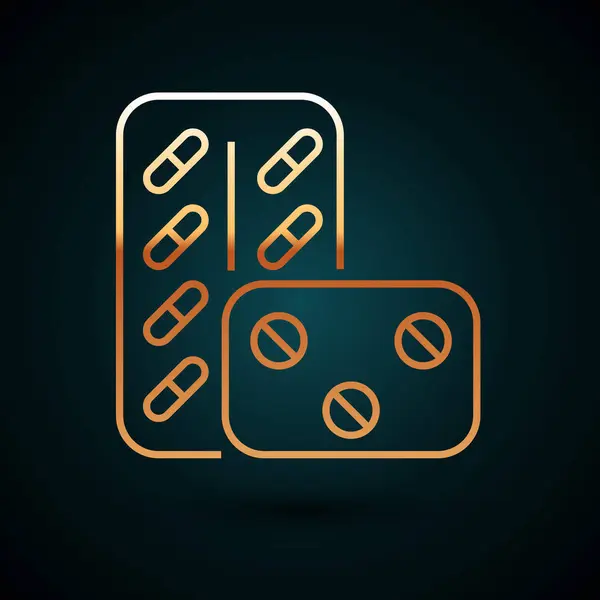 Pílulas de linha dourada no ícone do blister pack isolado no fundo azul escuro. Pacote de drogas médicas para a vitamina tablet, antibiótico, aspirina. Ilustração vetorial —  Vetores de Stock
