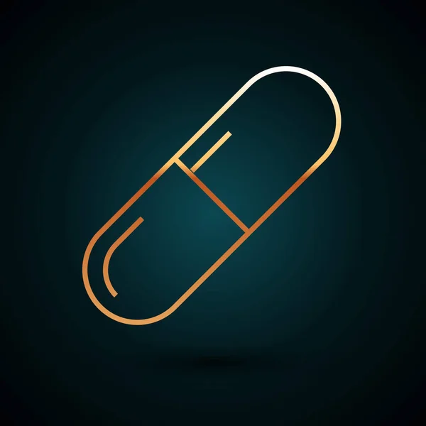 Linha de ouro Medicina pílula ou tablet ícone isolado no fundo azul escuro. Comprimido de cápsula e sinal de droga. Design de farmácia. Ilustração vetorial —  Vetores de Stock