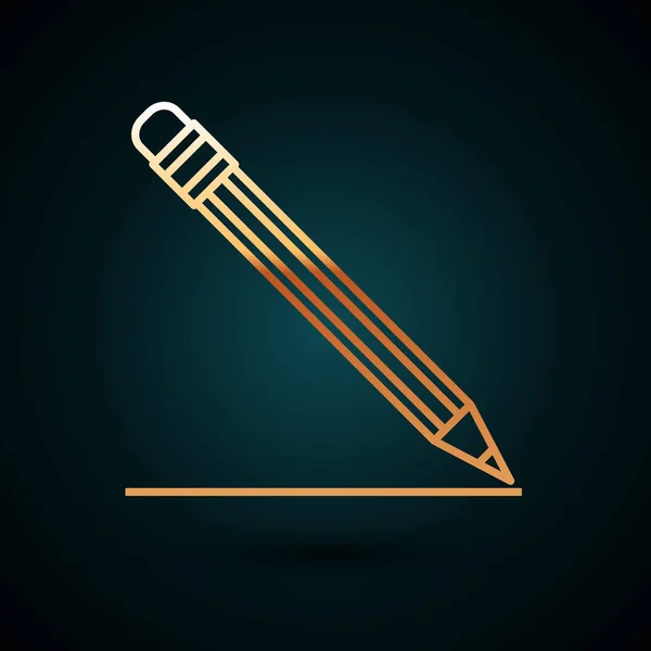 Gold line Pencil with eraser and line icon isolated on dark blue background. Education sign. Drawing and educational tools. School office symbol. Vector Illustration — Stok Vektör