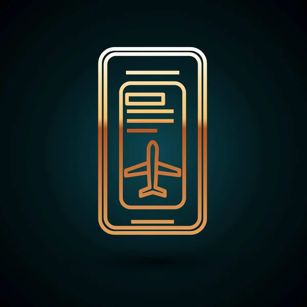 Золотая линия Смартфон с электронным посадочным талоном авиабилет значок изолирован на темно-синем фоне. Мобильный билет пассажирского самолета для веб и приложения. Векторная миграция — стоковый вектор