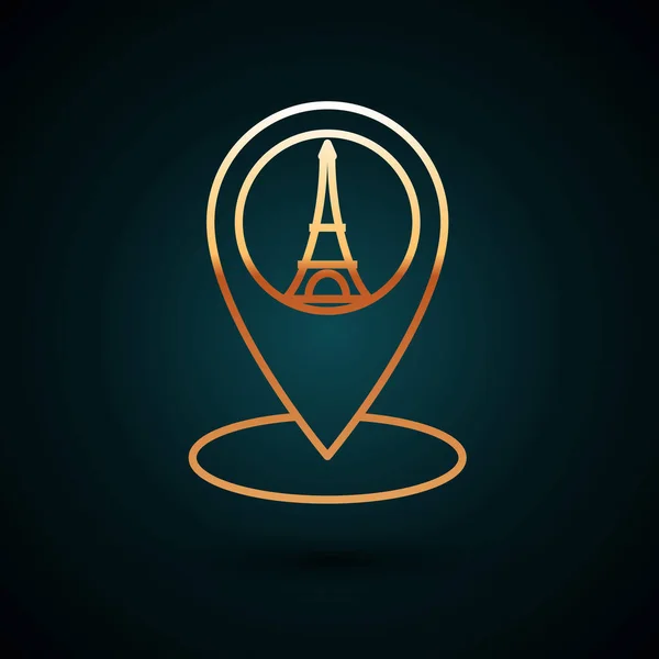 Ligne d'or Pointeur de carte avec icône tour Eiffel isolée sur fond bleu foncé. Symbole emblématique France Paris. Illustration vectorielle — Image vectorielle
