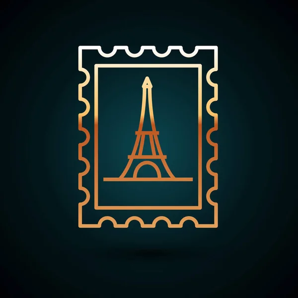 Ligne d'or Timbre postal et icône de la tour Eiffel isolés sur fond bleu foncé. Illustration vectorielle — Image vectorielle