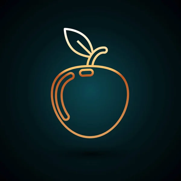 Línea dorada Icono de Apple aislado sobre fondo azul oscuro. Fruta con símbolo de hoja. Ilustración vectorial — Vector de stock