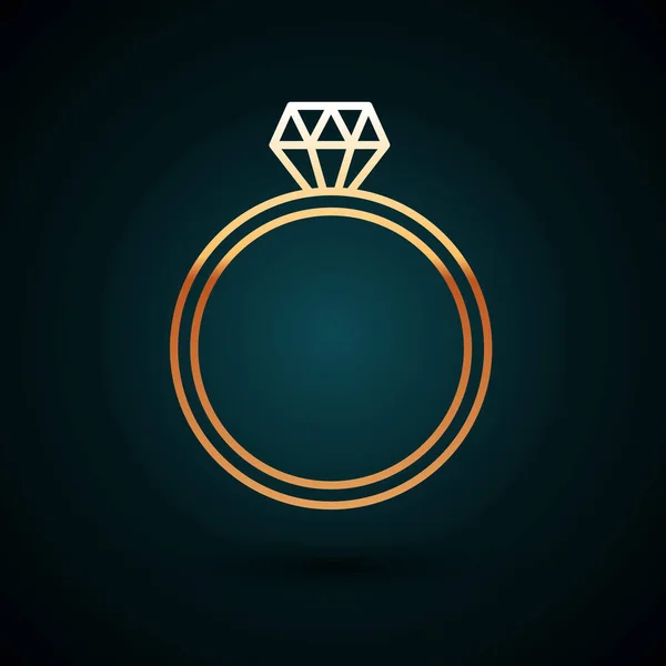 Línea de oro Icono de anillo de compromiso Diamond aislado sobre fondo azul oscuro. Ilustración vectorial — Vector de stock