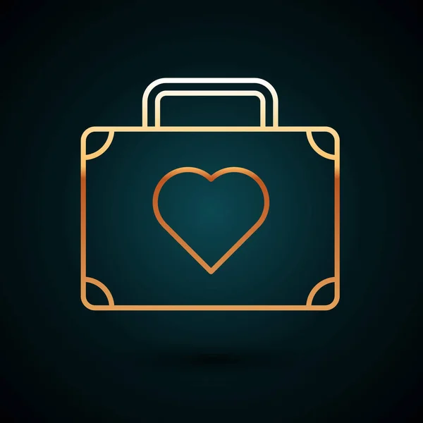 ダークブルーの背景にハートアイコンで旅行のためのゴールドラインスーツケース。新婚旅行のシンボル。手荷物のサインだ荷物アイコンを移動しますベクターイラスト — ストックベクタ