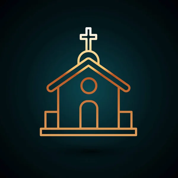 Icono de construcción de la iglesia de línea dorada aislado sobre fondo azul oscuro. Iglesia Cristiana. Religión de la iglesia. Ilustración vectorial — Vector de stock