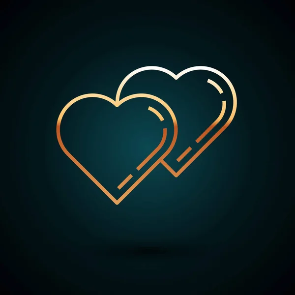 Arany sor Két összekapcsolt szív ikon elszigetelt sötétkék háttérrel. Romantikus szimbólum kapcsolódik, csatlakozzon, szenvedély és esküvő. Valentin napi szimbólum. Vektorillusztráció — Stock Vector