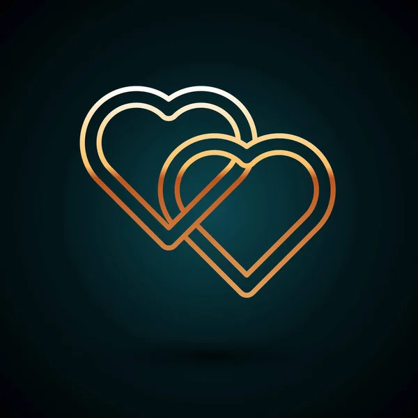 Arany sor Két összekapcsolt szív ikon elszigetelt sötétkék háttérrel. Romantikus szimbólum kapcsolódik, csatlakozzon, szenvedély és esküvő. Valentin napi szimbólum. Vektorillusztráció — Stock Vector
