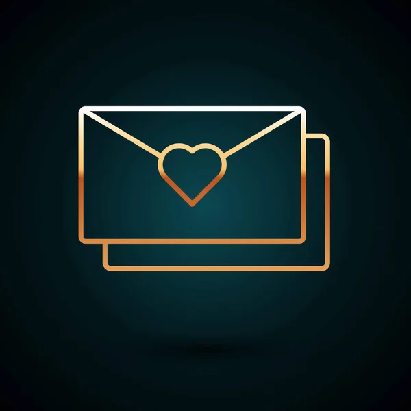Envelope linha de ouro com ícone coração Valentine isolado no fundo azul escuro. Mensagem de amor. Carta de amor e romance. Ilustração vetorial — Vetor de Stock