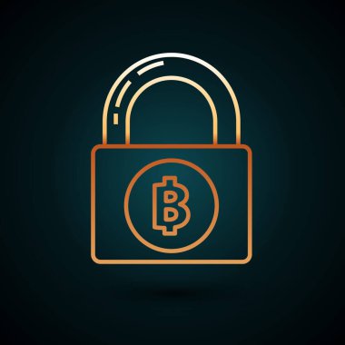 Bitcoin ikonlu altın çizgili kilit koyu mavi arkaplanda izole edildi. Kripto para madenciliği, engelleme teknolojisi, güvenlik, koruma, dijital para. Vektör İllüstrasyonu