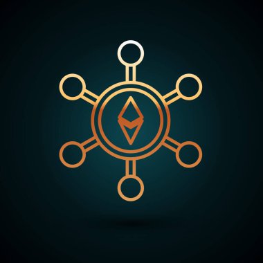 Altın çizgi engelleme teknolojisi Ethereum Eth simgesi koyu mavi arka planda izole edildi. Soyut geometrik blok zincir ağ teknolojisi işi. Vektör İllüstrasyonu