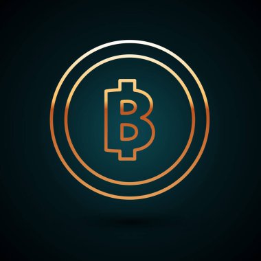 Altın çizgi kripto para birimi Bitcoin simgesi koyu mavi arka planda izole edildi. Madeni para. Engelleme zinciri tabanlı şifreli para birimi. Vektör İllüstrasyonu