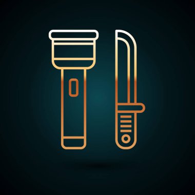 Altın çizgili el feneri ve bıçak ikonu koyu mavi arka planda izole edilmiş. Vektör İllüstrasyonu