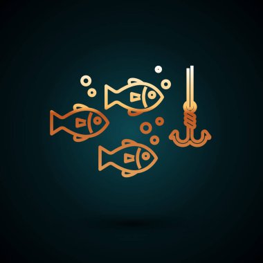 Suyun altında altın çizgili balık oltası ve koyu mavi arka planda izole edilmiş balık ikonu. Balık oltası. Vektör İllüstrasyonu