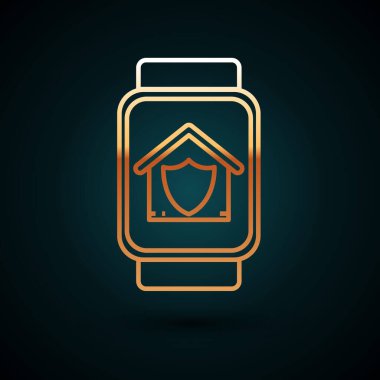 Altın çizgili akıllı saat. Koyu mavi arka planda izole edilmiş korunaklı ev ikonu. Koruma, güvenlik, güvenlik, koruma, savunma konsepti. Vektör İllüstrasyonu