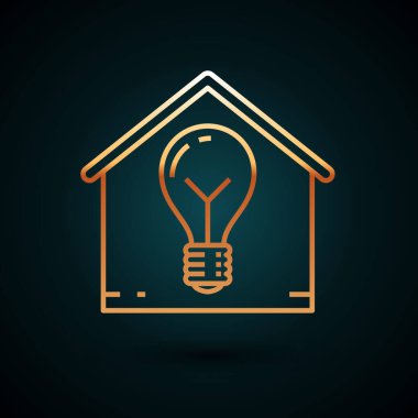Altın çizgili akıllı ev ve ampul ikonu koyu mavi arka planda izole edilmiş. Vektör İllüstrasyonu