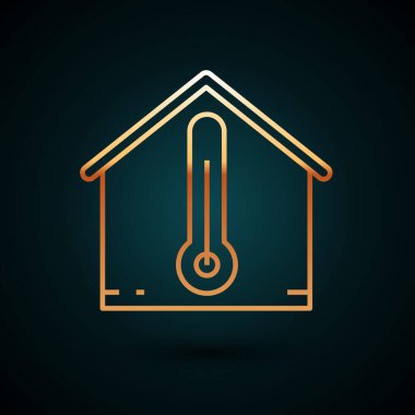 Altın çizgili ev sıcaklığı ikonu koyu mavi arka planda izole edilmiş. Termometre simgesi. Vektör İllüstrasyonu