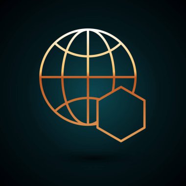 Dünyanın altın çizgisi bal peteği haritası koyu mavi arka planda izole edilmiş. Dünya arısı günü. Ekolojik olay kavramı. Vektör İllüstrasyonu