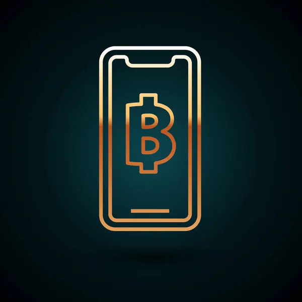 Gouden lijn Telefoon mobiele en cryptogeld munt Bitcoin pictogram geïsoleerd op donkerblauwe achtergrond. Fysiek beetje munt. Blockchain gebaseerde veilige crypto valuta. Vector Illustratie — Stockvector