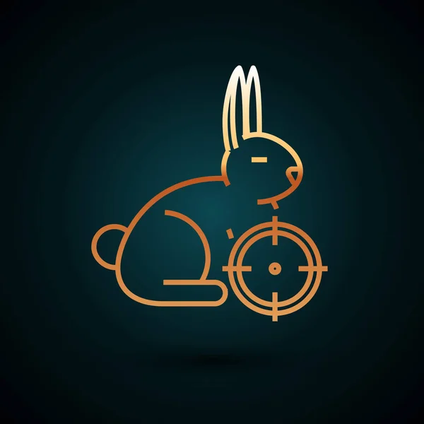 Ligne d'or Chassez sur le lapin avec icône de réticule isolé sur fond bleu foncé. Logo du club de chasse avec lapin et cible. Objectif fusil visant un lièvre. Illustration vectorielle — Image vectorielle