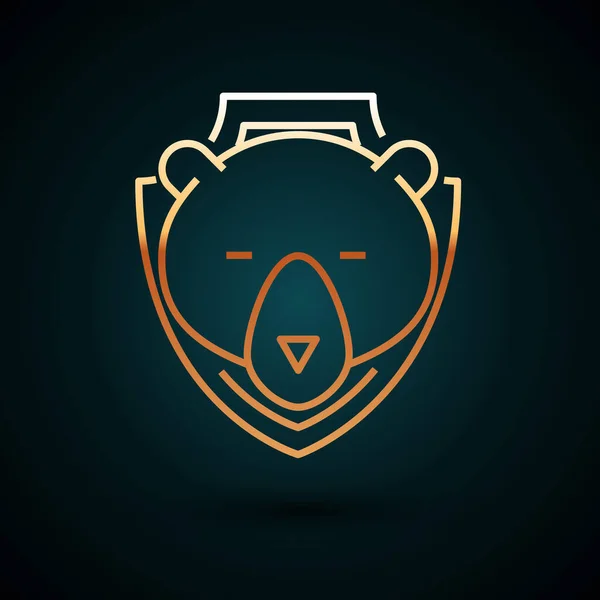 Línea dorada Cabeza de oso en el icono del escudo aislado sobre fondo azul oscuro. Trofeo de caza en la pared. Ilustración vectorial — Vector de stock