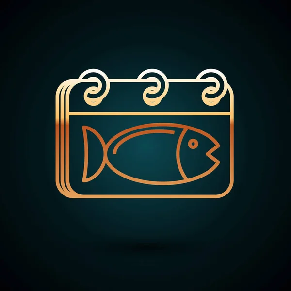 Guldlinje Kalender med en fisk ikon isolerad på mörkblå bakgrund. Fiskens dag. Vektor Illustration — Stock vektor