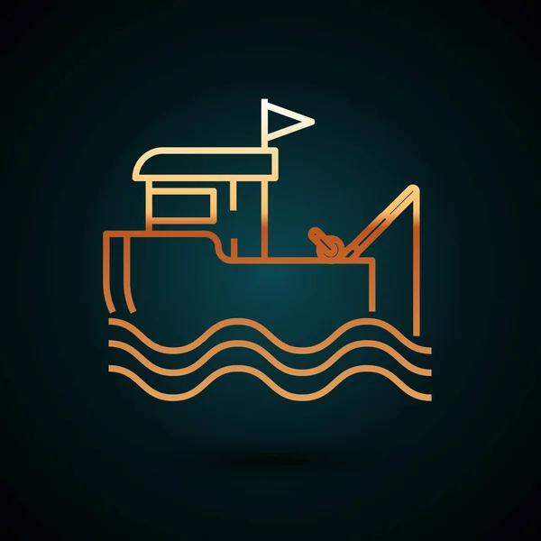 Guldlina Fiskebåt med fiskespö på vattenikon isolerad på mörkblå bakgrund. Vektor Illustration — Stock vektor