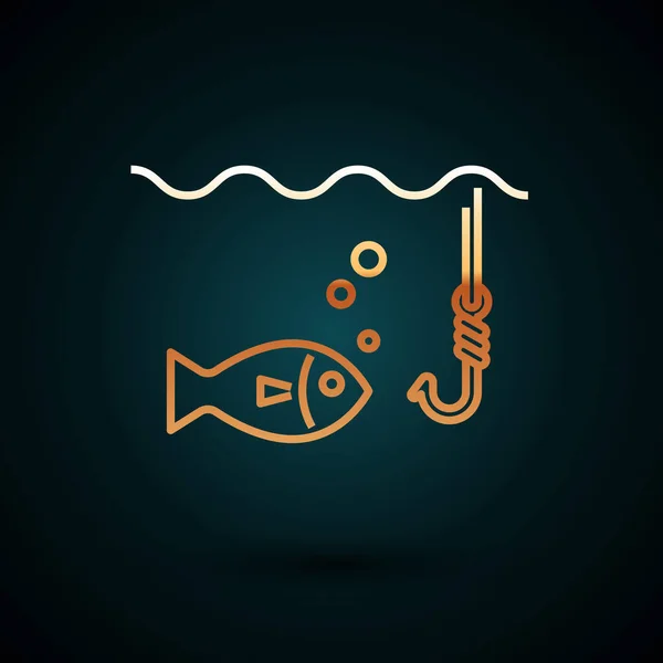 Línea de oro Gancho de pesca bajo el agua con icono de pescado aislado sobre fondo azul oscuro. Aparejos de pesca. Ilustración vectorial — Vector de stock