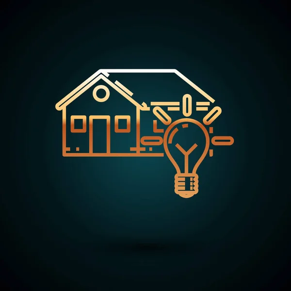 Linea oro Smart house e lampadina icona isolata su sfondo blu scuro. Illustrazione vettoriale — Vettoriale Stock
