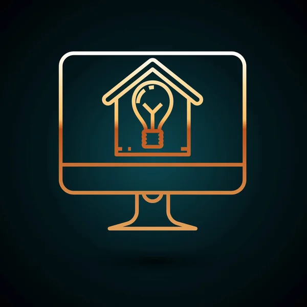 Linea Gold Monitor per computer con icona smart house e lampadina isolato su sfondo blu scuro. Illustrazione vettoriale — Vettoriale Stock
