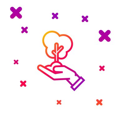 Çevre koruma simgesinin elindeki renk çizgisi ağacı beyaz arkaplanda izole edilmiş. Tohum ve tohum. Fidan dikiyorum. Ekoloji konsepti. Kademeli rastgele dinamik şekiller. Vektör İllüstrasyonu