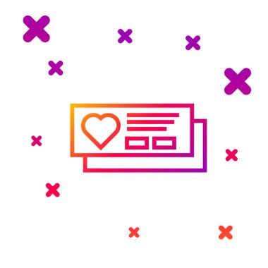 Beyaz arkaplanda kalp simgesi olan renk çizgisi bileti. Kalple biniş kartı. Kademeli rastgele dinamik şekiller. Vektör İllüstrasyonu