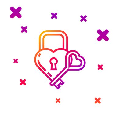 Renk çizgisi Castle, beyaz arka planda izole edilmiş kalp ve anahtar simgesi şeklinde. Kilitli Kalp. Aşk sembolü ve anahtar deliği işareti. Kademeli rastgele dinamik şekiller. Vektör İllüstrasyonu