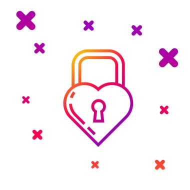 Renk çizgisi Castle beyaz arka planda izole edilmiş kalp simgesi şeklinde. Kilitli Kalp. Aşk sembolü ve anahtar deliği işareti. Kademeli rastgele dinamik şekiller. Vektör İllüstrasyonu