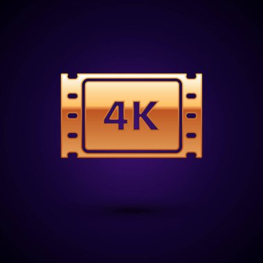 Altın rengi 4K film, bant, çerçeve simgesi koyu mavi arka planda izole edilmiş. Vektör İllüstrasyonu